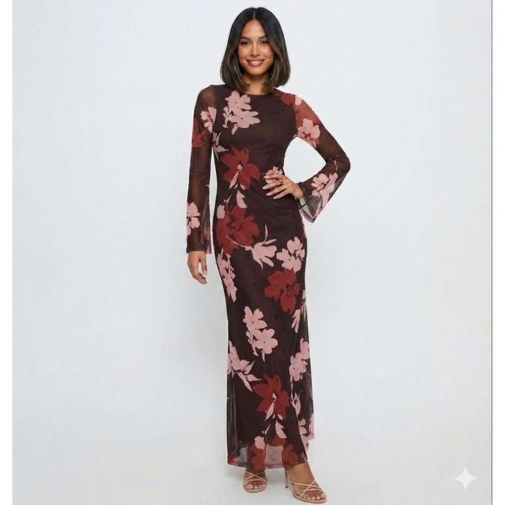 Princess Polly Brown Floral Mesh Long Sleeve Maxi Dress US 6 Chocolate Pink